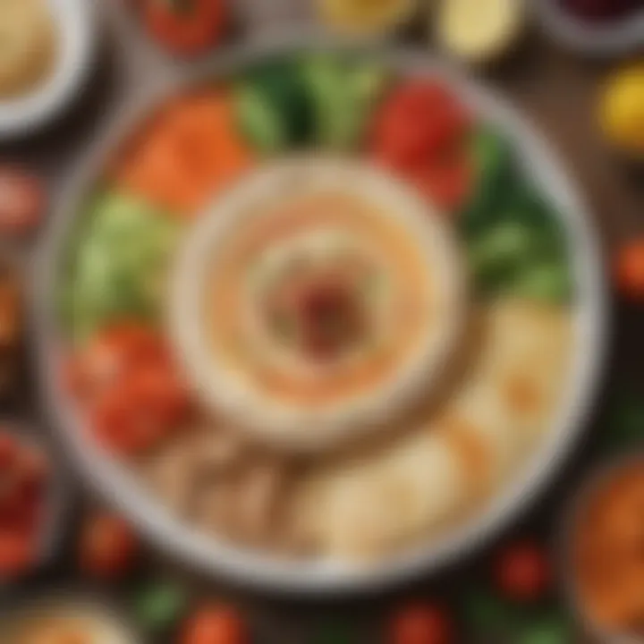 A colorful array of fresh vegetables and hummus dip