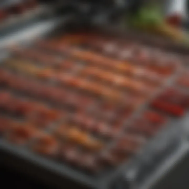 Various jerky flavors arranged next to a dehydrator.