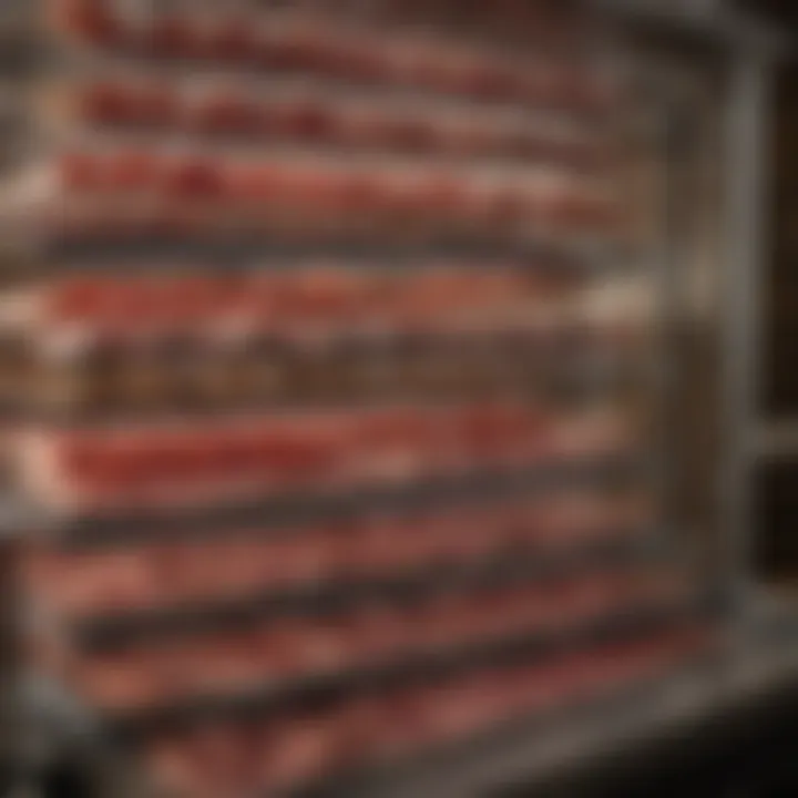 Interior view of a dehydrator filled with strips of beef.