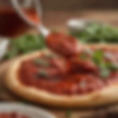 A close-up view of a spoonful of rich, red pizza sauce with herbs