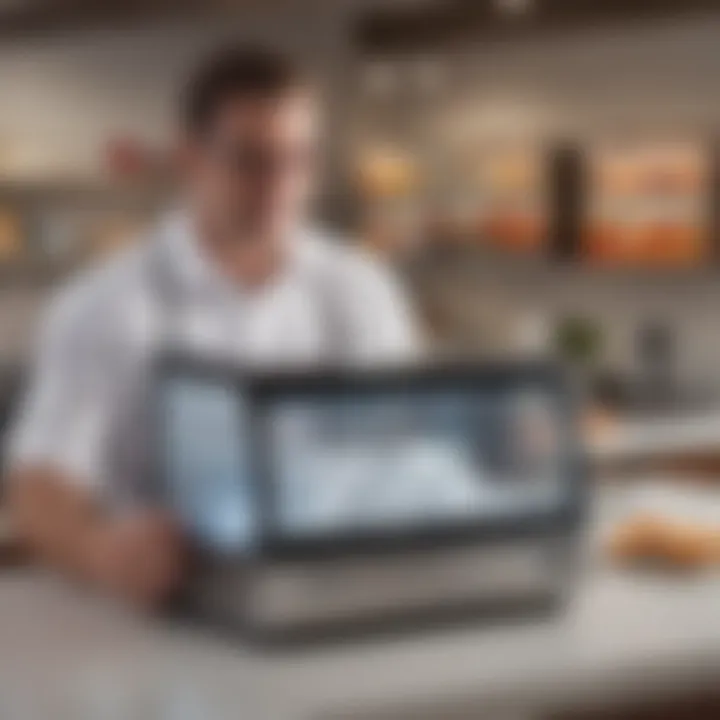 Consumer examining features of a countertop ice maker in a retail setting