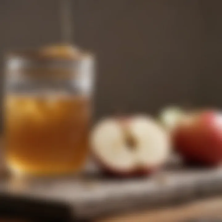 A close-up view of a homemade gnat trap using apple cider vinegar and dish soap.