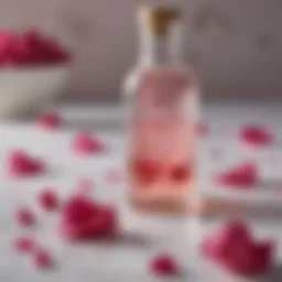 A delicate bottle of rose water surrounded by fresh rose petals