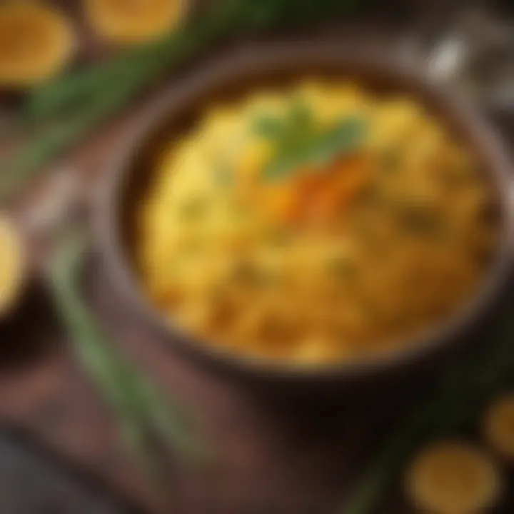 Turmeric-infused rice garnished with herbs.