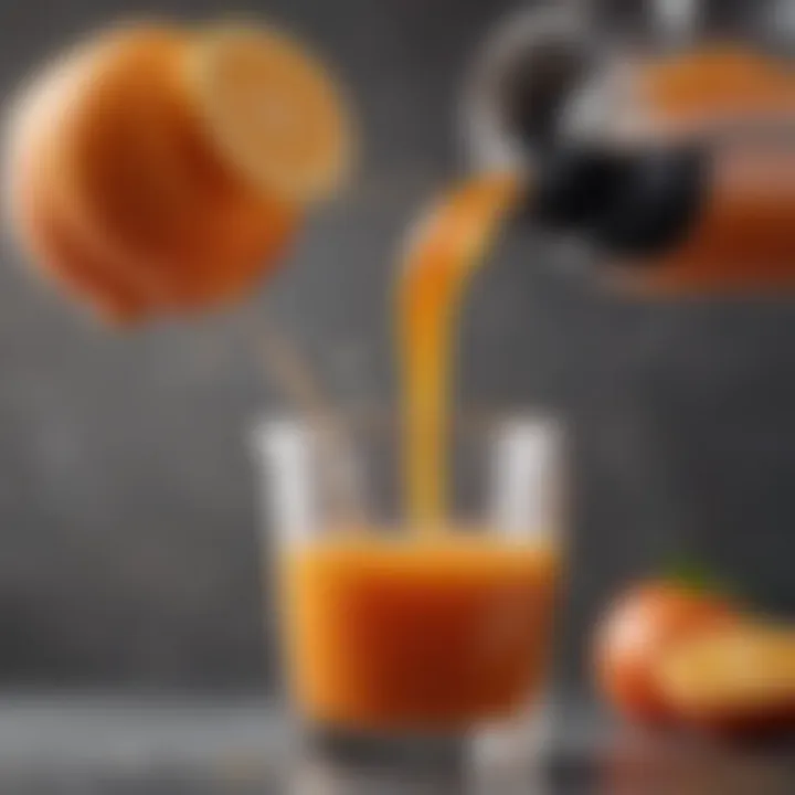 Close-up of juice pouring from a juicer into a glass