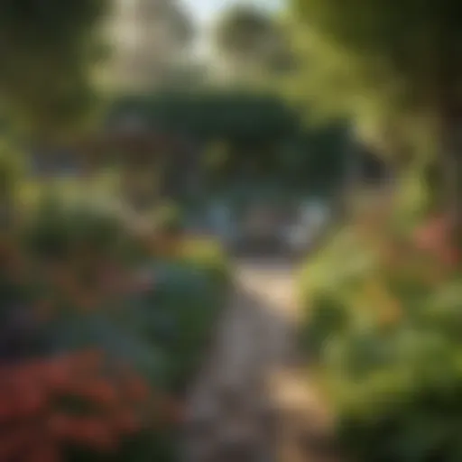A serene backyard garden with a blend of vibrant flowers and lush greenery.