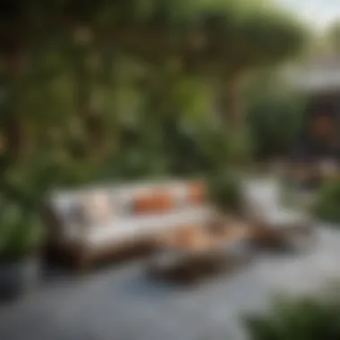 Stylish Outdoor Seating Area A cozy outdoor seating area with stylish furniture surrounded by plants.
