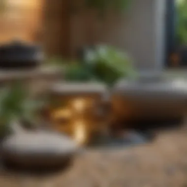 A tranquil zen corner with decorative stones and a small water feature.