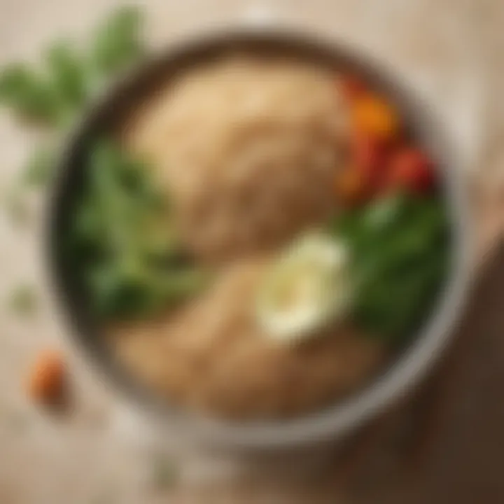 A bowl of brown rice alongside fresh vegetables and herbs