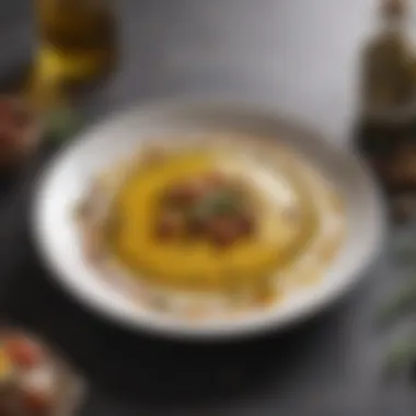 Gourmet Dish Enhanced by Cold-Pressed Olive Oil A gourmet dish drizzled with cold-pressed olive oil, emphasizing its culinary application.