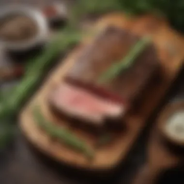 A vibrant display of grass-fed steak on a wooden board surrounded by fresh herbs and spices