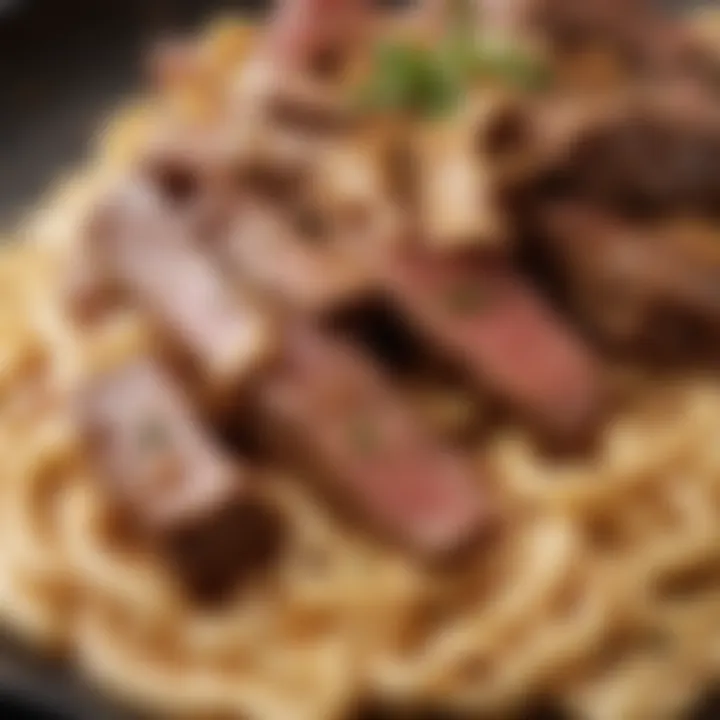 Close-up of tender beef strips in a flavorful sauce