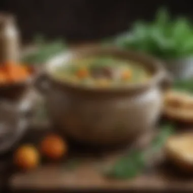 Hearty Herb-Infused Soup Hearty soup with herbs and spices in a rustic bowl