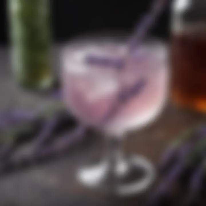 An elegant cocktail garnished with lavender sprigs, highlighting the infusion's floral essence.