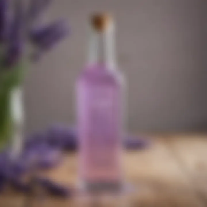 A beautifully arranged glass bottle filled with lavender infused simple syrup, showcasing its vibrant color.