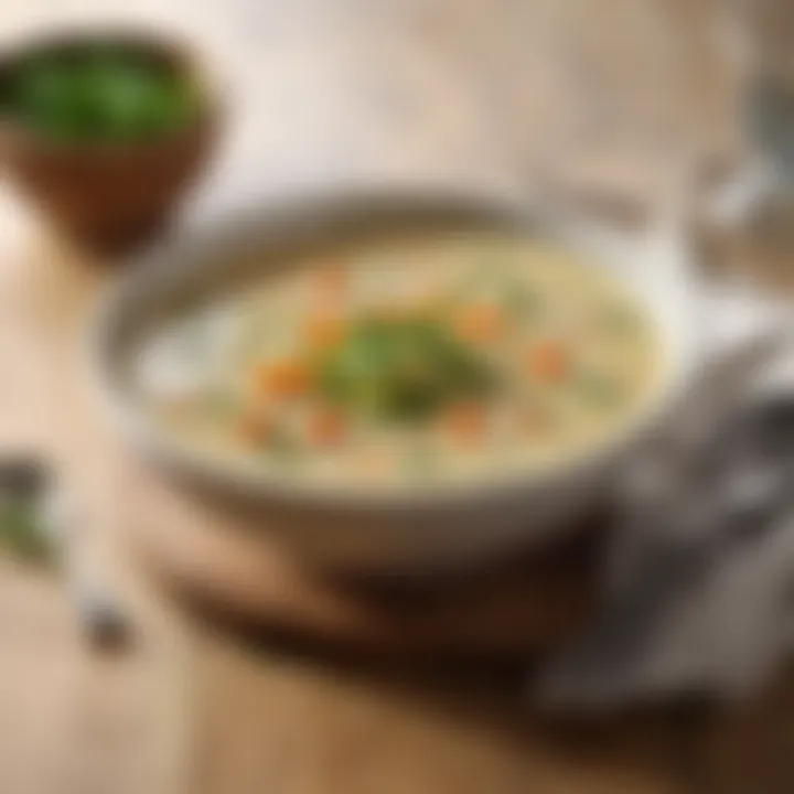 Delicious bowl of creamy vegetable soup garnished with herbs
