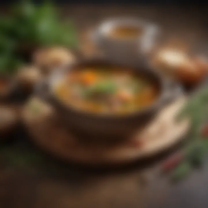 Elegant presentation of a rich broth with herbs and spices