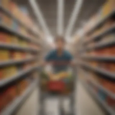 Shopping Experience in Walmart A shopper navigating through Walmart's aisles with a shopping cart