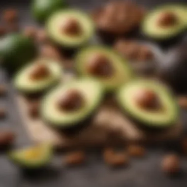 Artistic arrangement of healthy fats like avocados and nuts