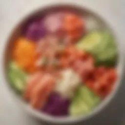 A beautifully arranged plate of poke with vibrant colors representing fresh fish and vegetables