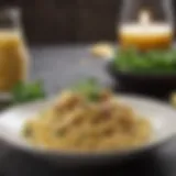 A bowl of freshly made pasta carbonara garnished with parsley and cheese