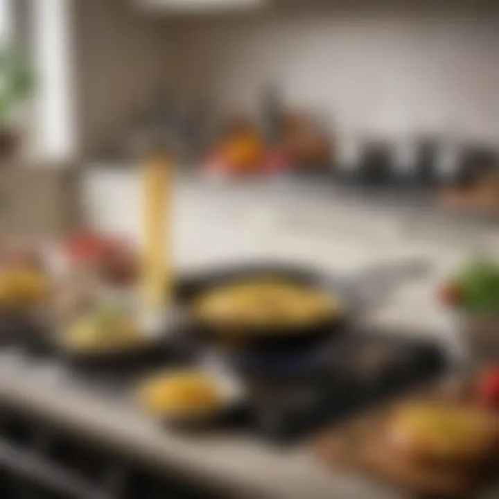 A busy kitchen scene with a timer and various utensils set for cooking