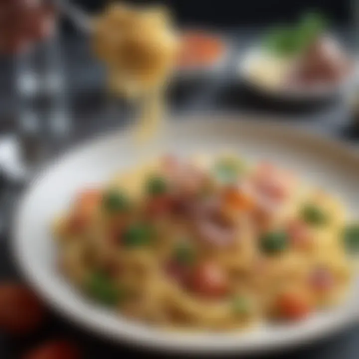 A variation of pasta carbonara with colorful vegetables and alternative ingredients