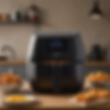 An open air fryer with food inside, depicting the cooking process and the appliance's interior