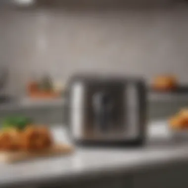 Sleek Design of an Air Fryer A modern air fryer on a kitchen countertop showcasing its sleek design and functionality