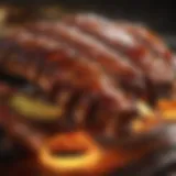 Close-up shot of succulent BBQ spare ribs glistening with sauce