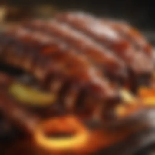 Close-up shot of succulent BBQ spare ribs glistening with sauce