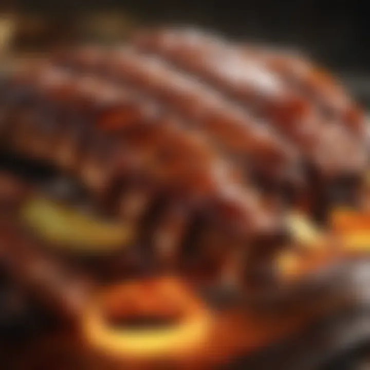 Close-up shot of succulent BBQ spare ribs glistening with sauce
