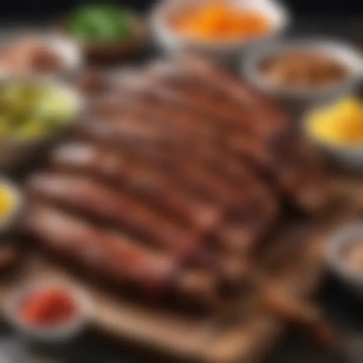 A vibrant array of ingredients used for BBQ spare ribs including spices and sauces