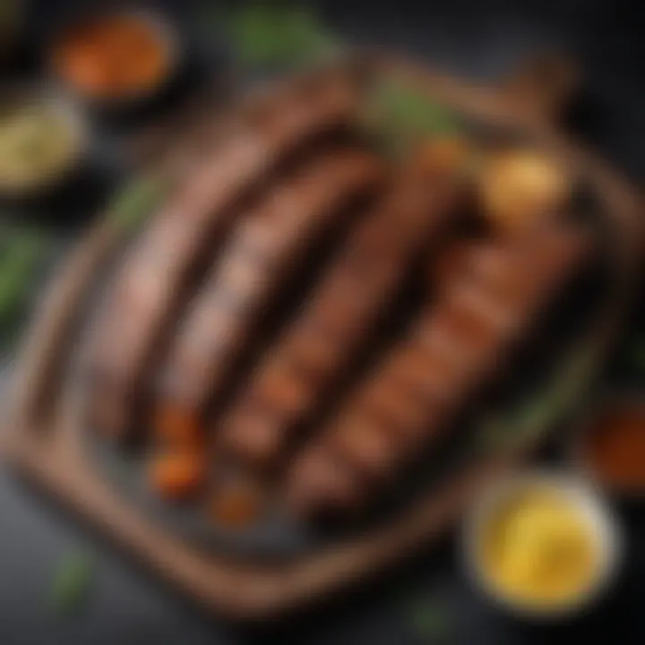 A beautifully arranged platter of oven-baked BBQ spare ribs garnished with fresh herbs