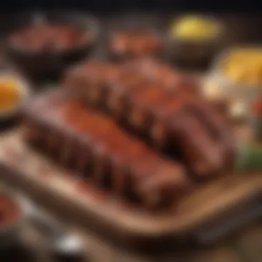 A mouth-watering display of BBQ spare ribs served with sides on a rustic table