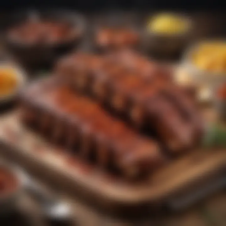 A mouth-watering display of BBQ spare ribs served with sides on a rustic table