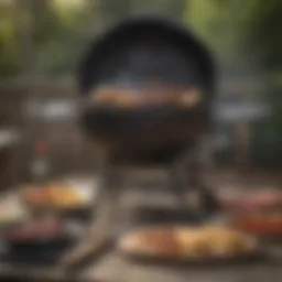 A charcoal grill set up with various tools and ingredients