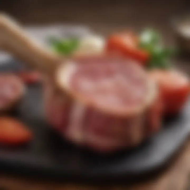 A close-up of a tender lamb chop revealing juicy interior