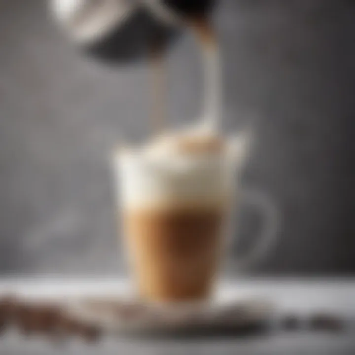 Close-up of steaming milk pouring into a coffee drink