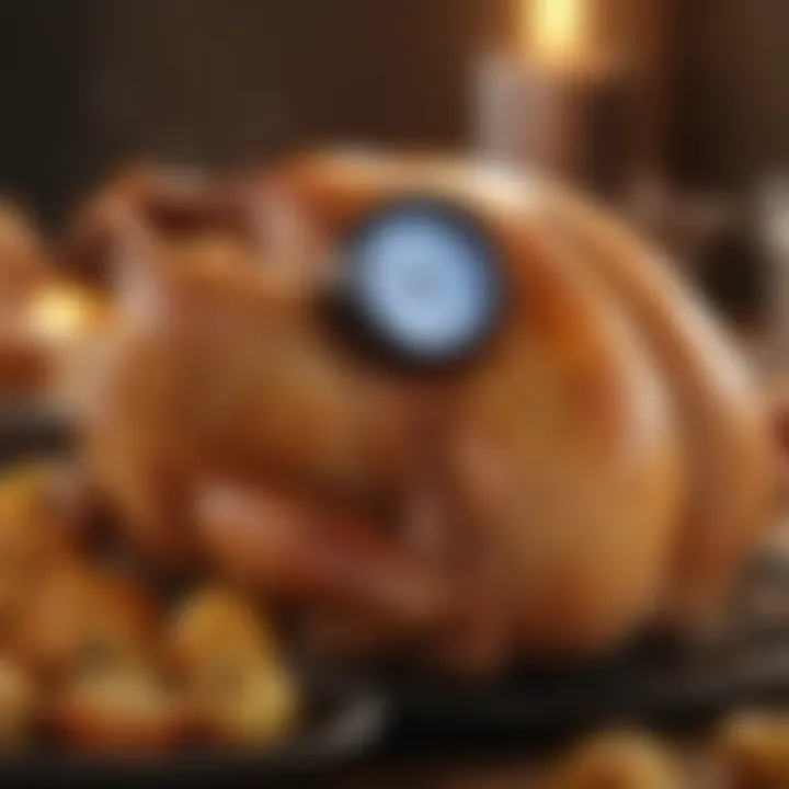 A digital thermometer inserted into a juicy roast chicken