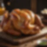 Golden-brown roast chicken resting on a rustic wooden table