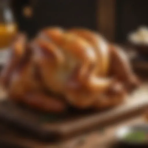 Golden-brown roast chicken resting on a rustic wooden table