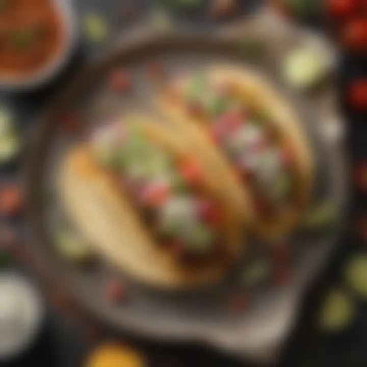 A close-up of a taco filled with diverse toppings