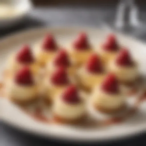 An array of elegantly presented cheesecake bites on a decorative platter.