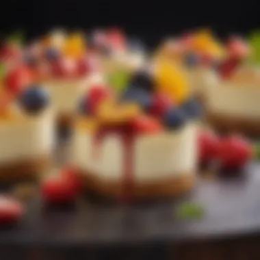Close-up of gourmet cheesecake bites adorned with fresh fruits and edible flowers.