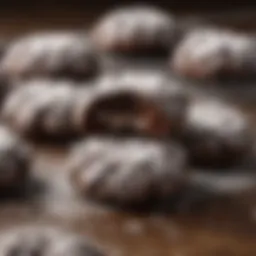 Close-up of freshly baked chocolate crinkle cookies dusted with powdered sugar