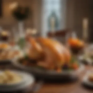 An elegant dining table set for a feast featuring stuffed chicken as the centerpiece