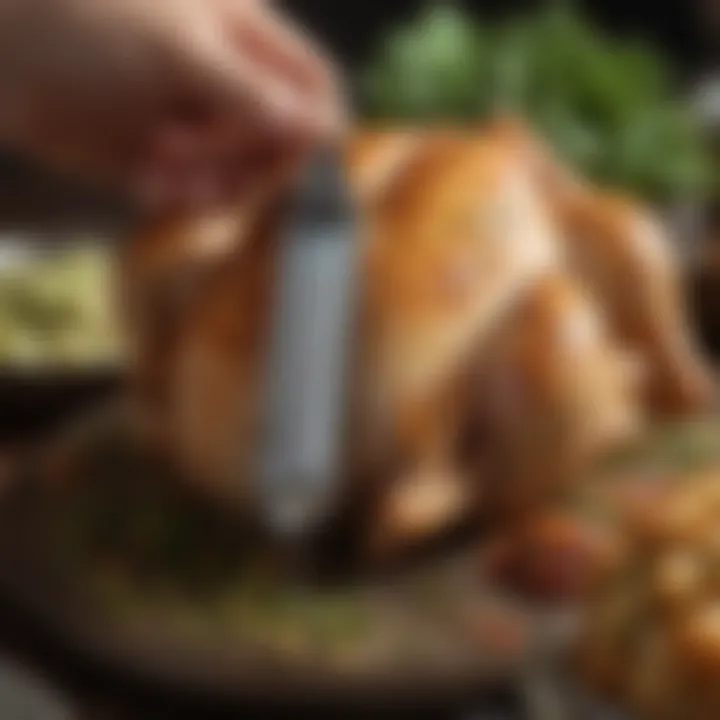 A thermometer inserted into a succulent stuffed chicken to check for doneness