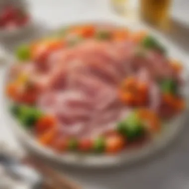 An elegant platter of uncured ham slices accompanied by vibrant seasonal vegetables and garnishes.