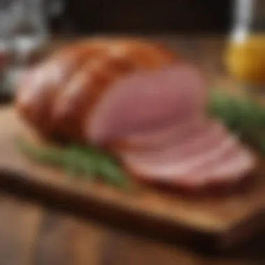 A beautifully glazed uncured ham on a rustic wooden table, showcasing a rich caramelized exterior.